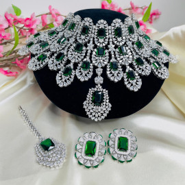 Kiara Advani Inspired American Diamond Choker Necklace Set With Earring & Maangtikka Combo Designer Bridal Necklace Indian Wedding Jewelry