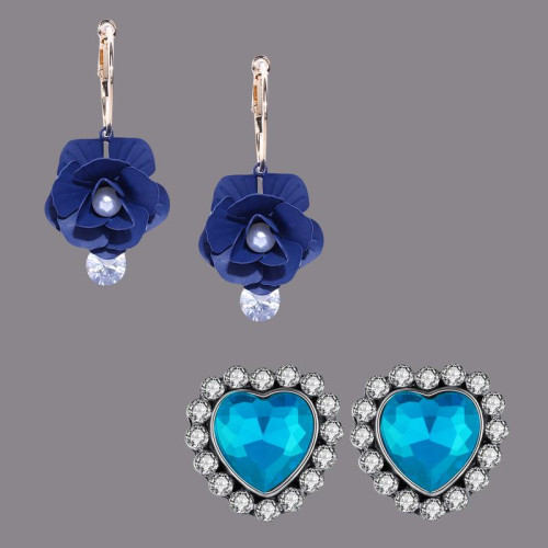 Arihant Combo of Navy Blue Floral & Blue Crystal Stud Earrings 70213