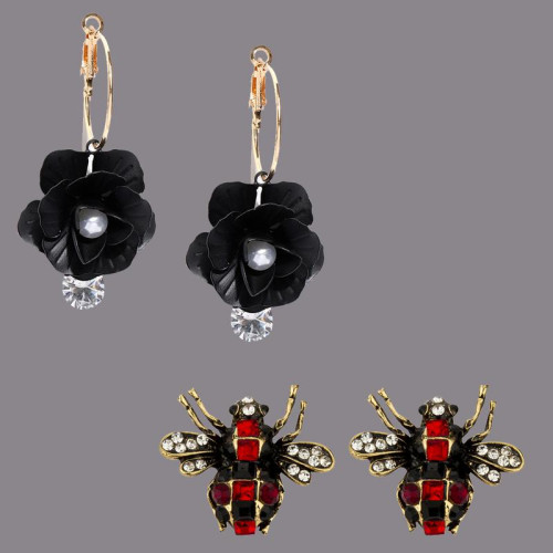 Arihant Combo of Black Floral & Red Stud Earri...