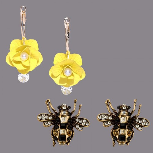 Arihant Combo of Yellow Floral & Black Stud Earrings 70243