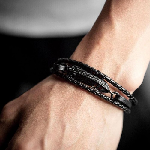 Arihant Stylish Stainless Steel Feather Multilayer Black Leather Bracelet For Men 49070