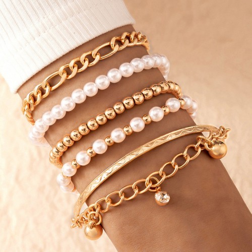 Arihant Gold-Plated Gold Toned Pearl studded Set of 5 Contemporary Stackable Bracelet Set For Women and Girls
