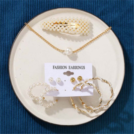 Arihant Stunning Pearl Gold Plated Earrings with Hair Clip and Necklace for Women/Girls 49531