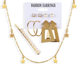 Arihant Marvelous Pearl Gold Plated Geometric Earrings with Hair Clip and Necklace for Women/Girls 49533
