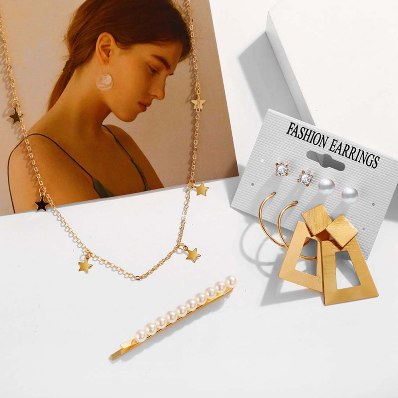 Arihant Marvelous Pearl Gold Plated Geometric Earrings with Hair Clip and Necklace for Women/Girls 49533