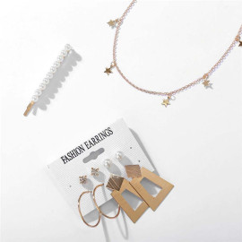 Arihant Marvelous Pearl Gold Plated Geometric Earrings with Hair Clip and Necklace for Women/Girls 49533