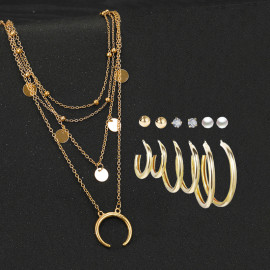 Arihant Gold Plated Layered Necklace and Gold Plated Set of 6 Contemporary Studs and Hoop Earrings Combo For Women and Girls