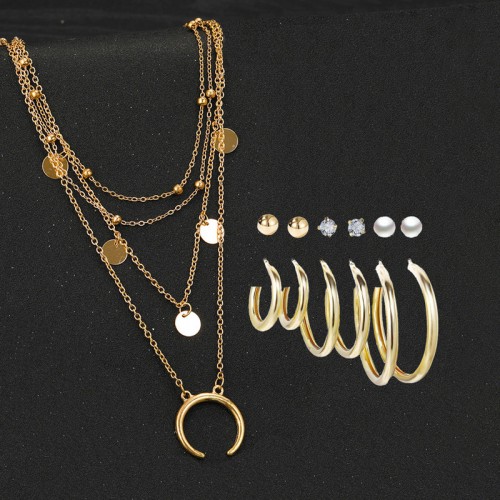 Arihant Gold Plated Layered Necklace and Gold Plated Set of 6 Contemporary Studs and Hoop Earrings Combo For Women and Girls