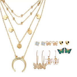 Arihant Gold Plated Layered Necklace and Gold Plated Set of 6 Butterfly inspired Contemporary Studs and Drop Earrings Combo For Women and Girls