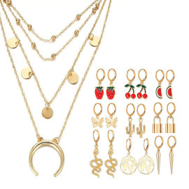 Arihant Gold Plated Layered Necklace and Gold Plated Set of 9 Contemporary Drop Earrings Combo For Women and Girls