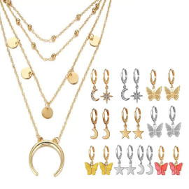 Arihant Gold Plated Layered Necklace and Gold Plated Set of 10 Butterfly inspired Contemporary Drop Earrings Combo For Women and Girls