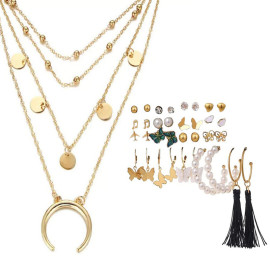 Arihant Gold Plated Layered Necklace and Gold Plated Set of 17 Contemporary Studs, Drop and Hoop Earrings Combo For Women and Girls