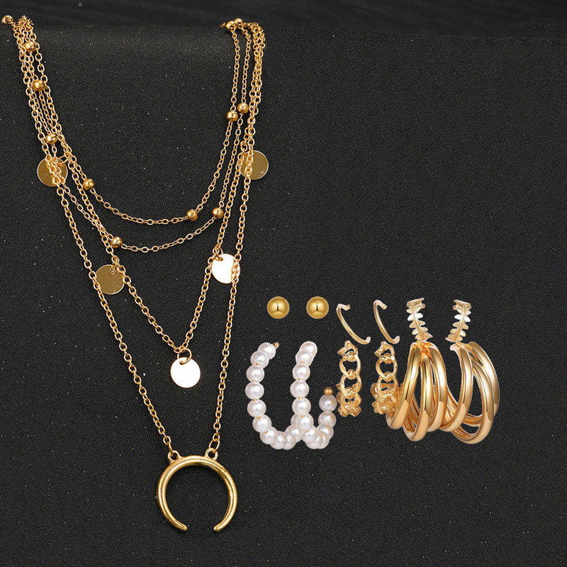 Arihant Gold Plated Layered Necklace and Gold Plated Set of 6 Contemporary Studs and Hoop Earrings Combo For Women and Girls