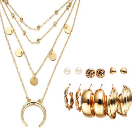 Arihant Gold Plated Layered Necklace and Gold Plated Set of 6 Contemporary Studs and Hoop Earrings Combo For Women and Girls