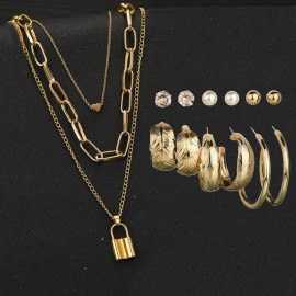 Arihant Gold Plated Layered Necklace and Gold Plated Set of 6 Contemporary Studs and Hoop Earrings Combo For Women and Girls