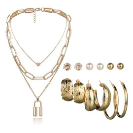 Arihant Gold Plated Layered Necklace and Gold Plated Set of 6 Contemporary Studs and Hoop Earrings Combo For Women and Girls