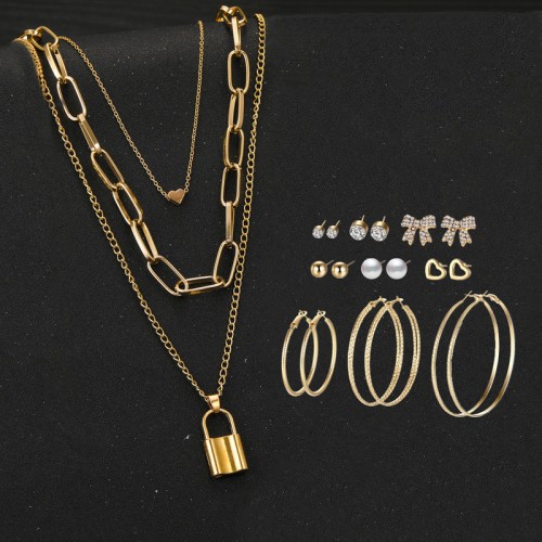 Arihant Gold Plated Layered Necklace and Gold Plated Set of 9 Contemporary Studs and Hoop Earrings Combo For Women and Girls