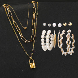 Arihant Gold Plated Layered Necklace and Gold Plated Set of 6 Contemporary Studs and Hoop Earrings Combo For Women and Girls