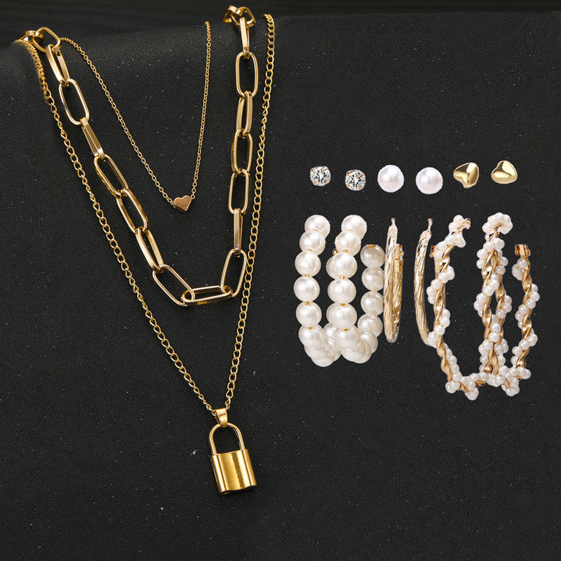 Arihant Gold Plated Layered Necklace and Gold Plated Set of 6 Contemporary Studs and Hoop Earrings Combo For Women and Girls