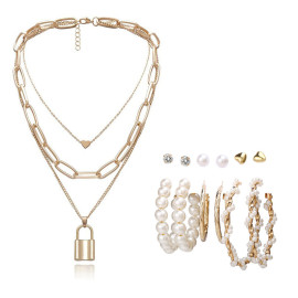 Arihant Gold Plated Layered Necklace and Gold Plated Set of 6 Contemporary Studs and Hoop Earrings Combo For Women and Girls