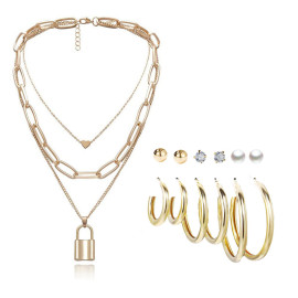 Arihant Gold Plated Layered Necklace and Gold Plated Set of 6 Contemporary Studs and Hoop Earrings Combo For Women and Girls
