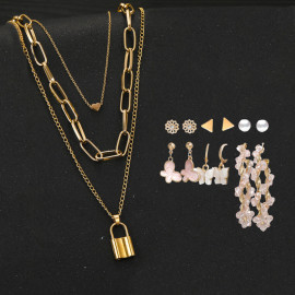 Arihant Gold Plated Layered Necklace and Gold Plated Set of 6 Contemporary Studs, Drop and Hoop Earrings Combo For Women and Girls
