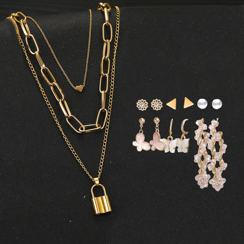 Arihant Gold Plated Layered Necklace and Gold Plated Set of 6 Contemporary Studs, Drop and Hoop Earrings Combo For Women and Girls