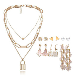 Arihant Gold Plated Layered Necklace and Gold Plated Set of 6 Contemporary Studs, Drop and Hoop Earrings Combo For Women and Girls