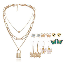 Arihant Gold Plated Layered Necklace and Gold Plated Set of 6 Butterfly inspired Contemporary Studs and Drop Earrings Combo For Women and Girls