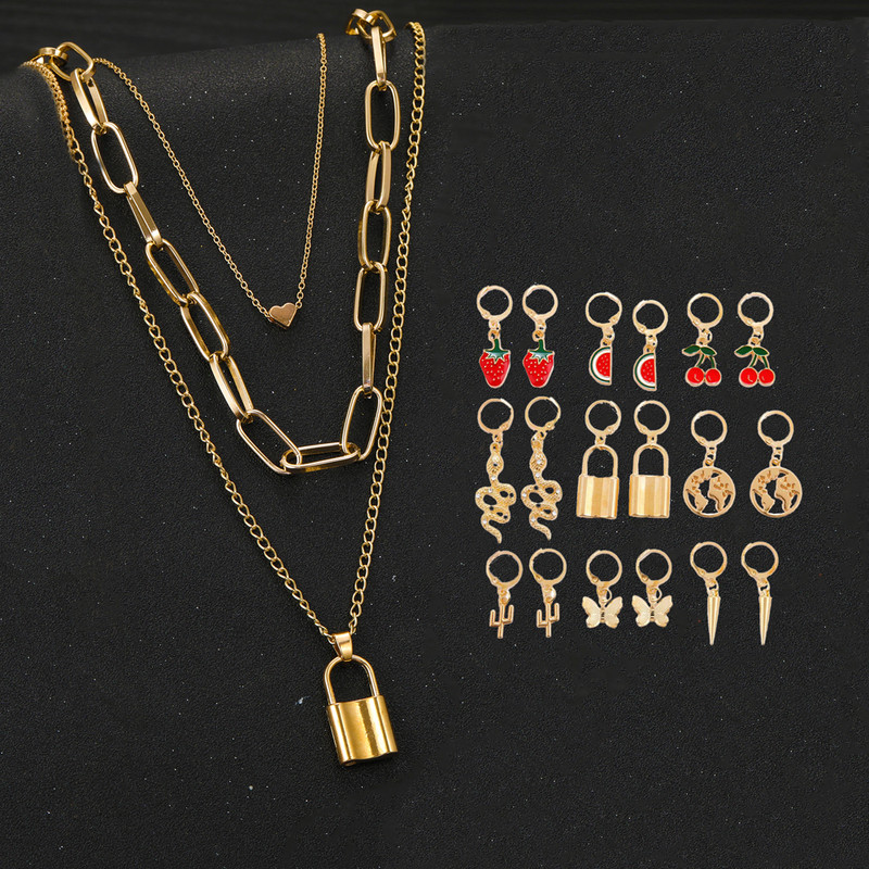 Arihant Gold Plated Layered Necklace and Gold Plated Set of 9 Contemporary Drop Earrings Combo For Women and Girls