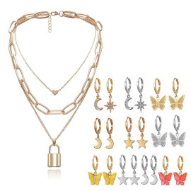 Arihant Gold Plated Layered Necklace and Gold Plated Set of 10 Butterfly inspired Contemporary Drop Earrings Combo For Women and Girls