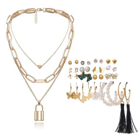 Arihant Gold Plated Layered Necklace and Gold Plated Set of 17 Contemporary Studs, Drop and Hoop Earrings Combo For Women and Girls