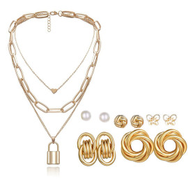 Arihant Gold Plated Layered Necklace and Gold Plated Set of 5 Contemporary Stud Earrings Combo For Women and Girls