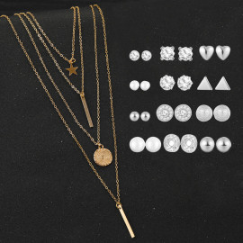Arihant Gold Plated Layered Necklace and Silver Plated Set of 12 Contemporary Stud Earrings Combo For Women and Girls