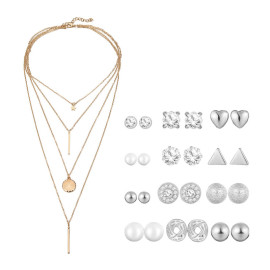 Arihant Gold Plated Layered Necklace and Silver Plated Set of 12 Contemporary Stud Earrings Combo For Women and Girls