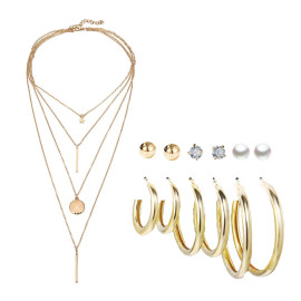 Arihant Gold Plated Layered Necklace and Gold Plated Set of 6 Contemporary Studs and Hoop Earrings Combo For Women and Girls