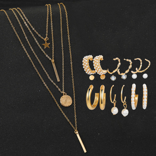 Arihant Gold Plated Layered Necklace and Gold Plated Set of 9 Contemporary Studs and Hoop Earrings Combo For Women and Girls