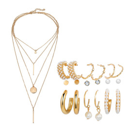 Arihant Gold Plated Layered Necklace and Gold Plated Set of 9 Contemporary Studs and Hoop Earrings Combo For Women and Girls