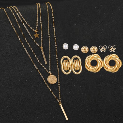 Arihant Gold Plated Layered Necklace and Gold Plated Set of 5 Contemporary Stud Earrings Combo For Women and Girls