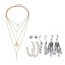 Arihant Gold Plated Layered Necklace and Silver Plated Set of 6 Contemporary Studs and Hoop Earrings Combo For Women and Girls