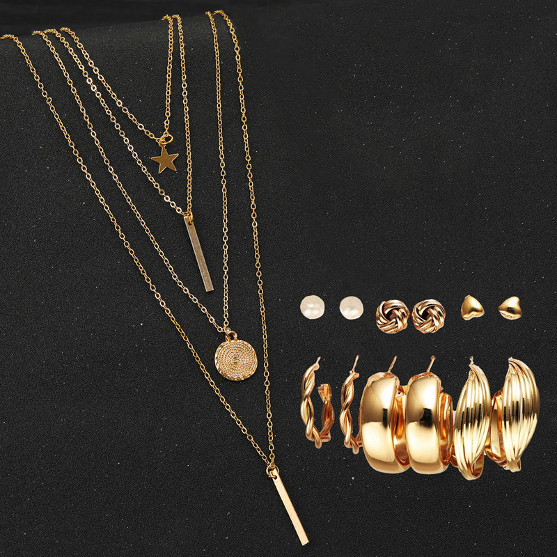Arihant Gold Plated Layered Necklace and Gold Plated Set of 6 Contemporary Studs and Hoop Earrings Combo For Women and Girls