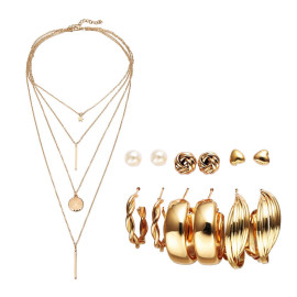 Arihant Gold Plated Layered Necklace and Gold Plated Set of 6 Contemporary Studs and Hoop Earrings Combo For Women and Girls