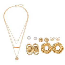 Arihant Gold Plated Layered Necklace and Gold Plated Set of 5 Contemporary Stud Earrings Combo For Women and Girls
