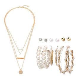 Arihant Gold Plated Layered Necklace and Gold Plated Set of 6 Contemporary Studs and Hoop Earrings Combo For Women and Girls