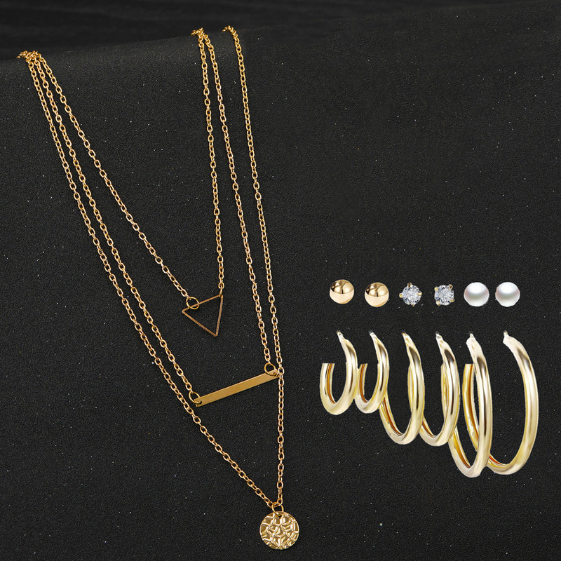 Arihant Gold Plated Layered Necklace and Gold Plated Set of 6 Contemporary Studs and Hoop Earrings Combo For Women and Girls