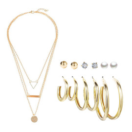 Arihant Gold Plated Layered Necklace and Gold Plated Set of 6 Contemporary Studs and Hoop Earrings Combo For Women and Girls