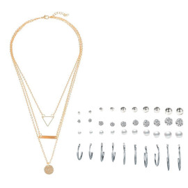 Arihant Gold Plated Layered Necklace and Silver Plated Set of 20 Contemporary Studs and Hoop Earrings Combo For Women and Girls