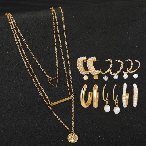 Arihant Gold Plated Layered Necklace and Gold Plated Set of 9 Contemporary Studs and Hoop Earrings Combo For Women and Girls