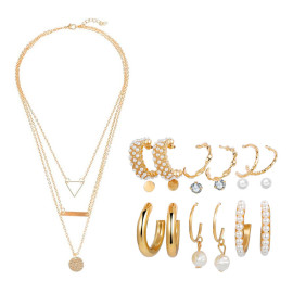 Arihant Gold Plated Layered Necklace and Gold Plated Set of 9 Contemporary Studs and Hoop Earrings Combo For Women and Girls