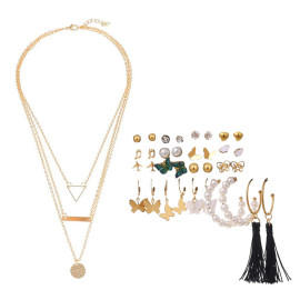 Arihant Gold Plated Layered Necklace and Gold Plated Set of 17 Contemporary Studs, Drop and Hoop Earrings Combo For Women and Girls